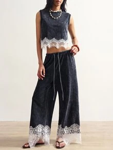 Bohemela Women's Colorblock Lace Patchwork Tank Top & Long Pants 2 Pieces Set - Black - View 4