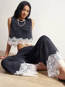 Bohemela Women's Colorblock Lace Patchwork Tank Top & Long Pants 2 Pieces Set - Black - View 3