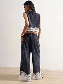 Bohemela Women's Colorblock Lace Patchwork Tank Top & Long Pants 2 Pieces Set - Black - View 5