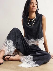 Bohemela Women's Colorblock Lace Patchwork Tank Top & Long Pants 2 Pieces Set - Black - View 1