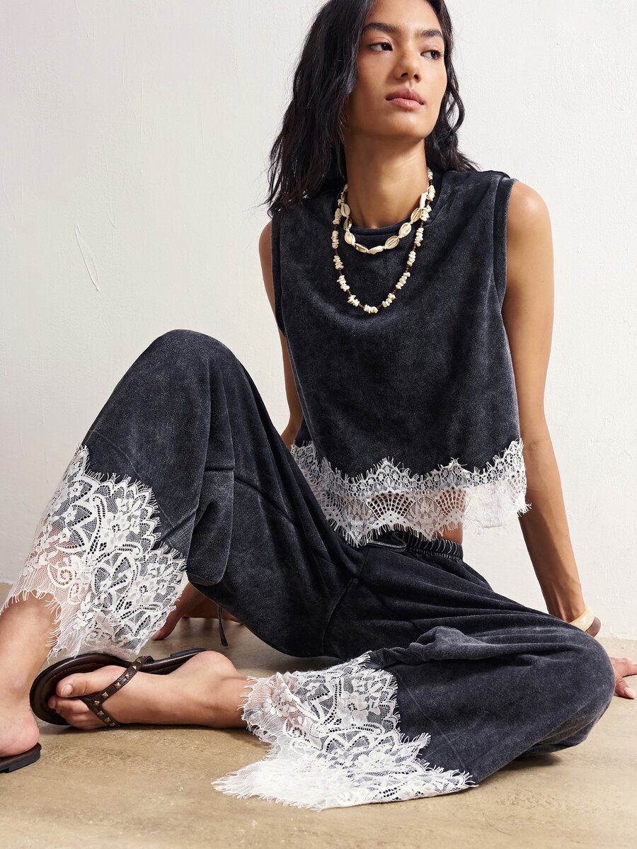 Bohemela Women's Colorblock Lace Patchwork Tank Top & Long Pants 2 Pieces Set - Black - View 1