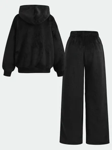 SHEIN 兒童青少年女孩時尚簡約舒適長袖夾克與長褲套裝 - 黑色 - 查看 7
