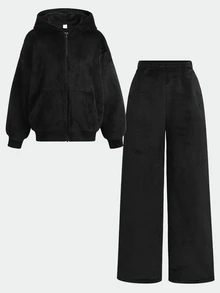 SHEIN 兒童青少年女孩時尚簡約舒適長袖夾克與長褲套裝 - 黑色 - 查看 6