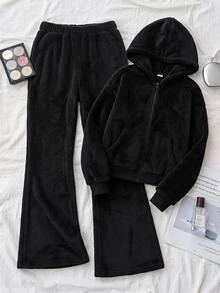 SHEIN 兒童青少年女孩時尚簡約舒適長袖夾克與長褲套裝 - 黑色 - 查看 4