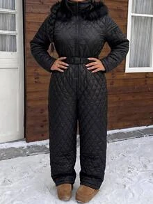 Muchica Plus Size Women's Solid Color Long Sleeve Zipper Front Fur Collar Hooded Casual Winter Jumpsuit Fall - Black - View 3
