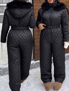 Muchica Plus Size Women's Solid Color Long Sleeve Zipper Front Fur Collar Hooded Casual Winter Jumpsuit Fall - Black - View 1