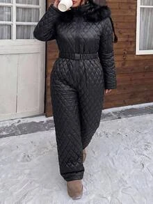 Muchica Plus Size Women's Solid Color Long Sleeve Zipper Front Fur Collar Hooded Casual Winter Jumpsuit Fall - Black - View 5