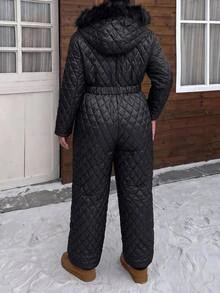 Muchica Plus Size Women's Solid Color Long Sleeve Zipper Front Fur Collar Hooded Casual Winter Jumpsuit Fall - Black - View 2