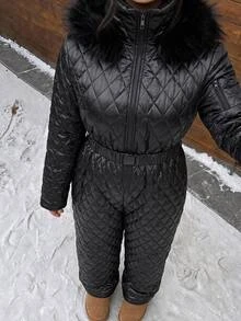 Muchica Plus Size Women's Solid Color Long Sleeve Zipper Front Fur Collar Hooded Casual Winter Jumpsuit Fall - Black - View 6