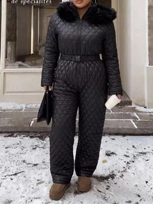 Muchica Plus Size Women's Solid Color Long Sleeve Zipper Front Fur Collar Hooded Casual Winter Jumpsuit Fall - Black - View 4