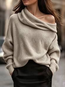 SHEIN Autumn/Winter Fashion Solid Color Asymmetric Collar Sweater Brunch Beige Casual Elegant Renaissance - Khaki - View 2