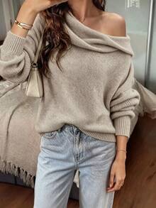 SHEIN Autumn/Winter Fashion Solid Color Asymmetric Collar Sweater Brunch Beige Casual Elegant Renaissance - Khaki - View 7