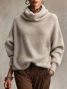 SHEIN Autumn/Winter Fashion Solid Color Asymmetric Collar Sweater Brunch Beige Casual Elegant Renaissance - Khaki - View 9