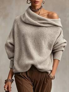 SHEIN Autumn/Winter Fashion Solid Color Asymmetric Collar Sweater Brunch Beige Casual Elegant Renaissance - Khaki - View 6