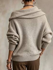 SHEIN Autumn/Winter Fashion Solid Color Asymmetric Collar Sweater Brunch Beige Casual Elegant Renaissance - Khaki - View 3