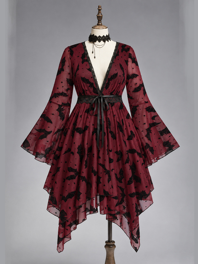 Dark Gothic Plus Size Women's Dress, Bat Print Lace Bell Sleeve Design, Halloween Party Asymmetrical Hem Short Dress