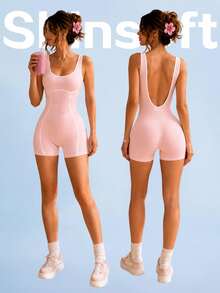 SHEIN Sovereign Charm 1pc Pink Colorblock Striped Tank Top Romper, Low Back Yoga Shorts, Soft Comfortable Fit, Suitable For Workout, Running, Casual, Yoga - Pink - View 1