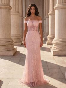 Coutiva Women's Sequin Embroidered Off-Shoulder Front Beaded & Sequins Embellished Long Formal Evening Gown (Heavy Workmanship Style) - Pink - View 4