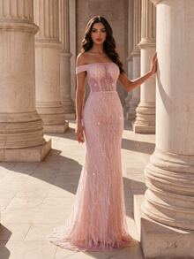 Coutiva Women's Sequin Embroidered Off-Shoulder Front Beaded & Sequins Embellished Long Formal Evening Gown (Heavy Workmanship Style) - Pink - View 5