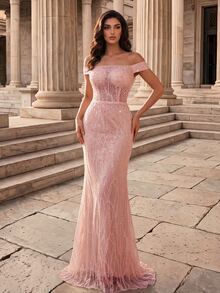 Coutiva Women's Sequin Embroidered Off-Shoulder Front Beaded & Sequins Embellished Long Formal Evening Gown (Heavy Workmanship Style) - Pink - View 6