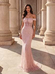 Coutiva Women's Sequin Embroidered Off-Shoulder Front Beaded & Sequins Embellished Long Formal Evening Gown (Heavy Workmanship Style) - Pink - View 3