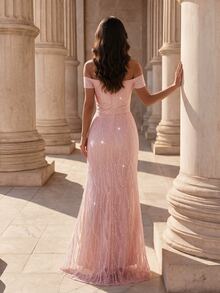 Coutiva Women's Sequin Embroidered Off-Shoulder Front Beaded & Sequins Embellished Long Formal Evening Gown (Heavy Workmanship Style) - Pink - View 2
