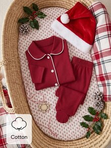 Christmas Spring Autumn Winter Newborn Home Wear Cute Red Peter Pan Collar Cardigan Long Sleeve Top With Footed Pants Set, Soft And Comfortable, Best Gift For Newborns - Red - View 9