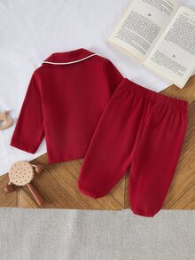 Christmas Spring Autumn Winter Newborn Home Wear Cute Red Peter Pan Collar Cardigan Long Sleeve Top With Footed Pants Set, Soft And Comfortable, Best Gift For Newborns - Red - View 2
