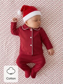Christmas Spring Autumn Winter Newborn Home Wear Cute Red Peter Pan Collar Cardigan Long Sleeve Top With Footed Pants Set, Soft And Comfortable, Best Gift For Newborns - Red - View 1