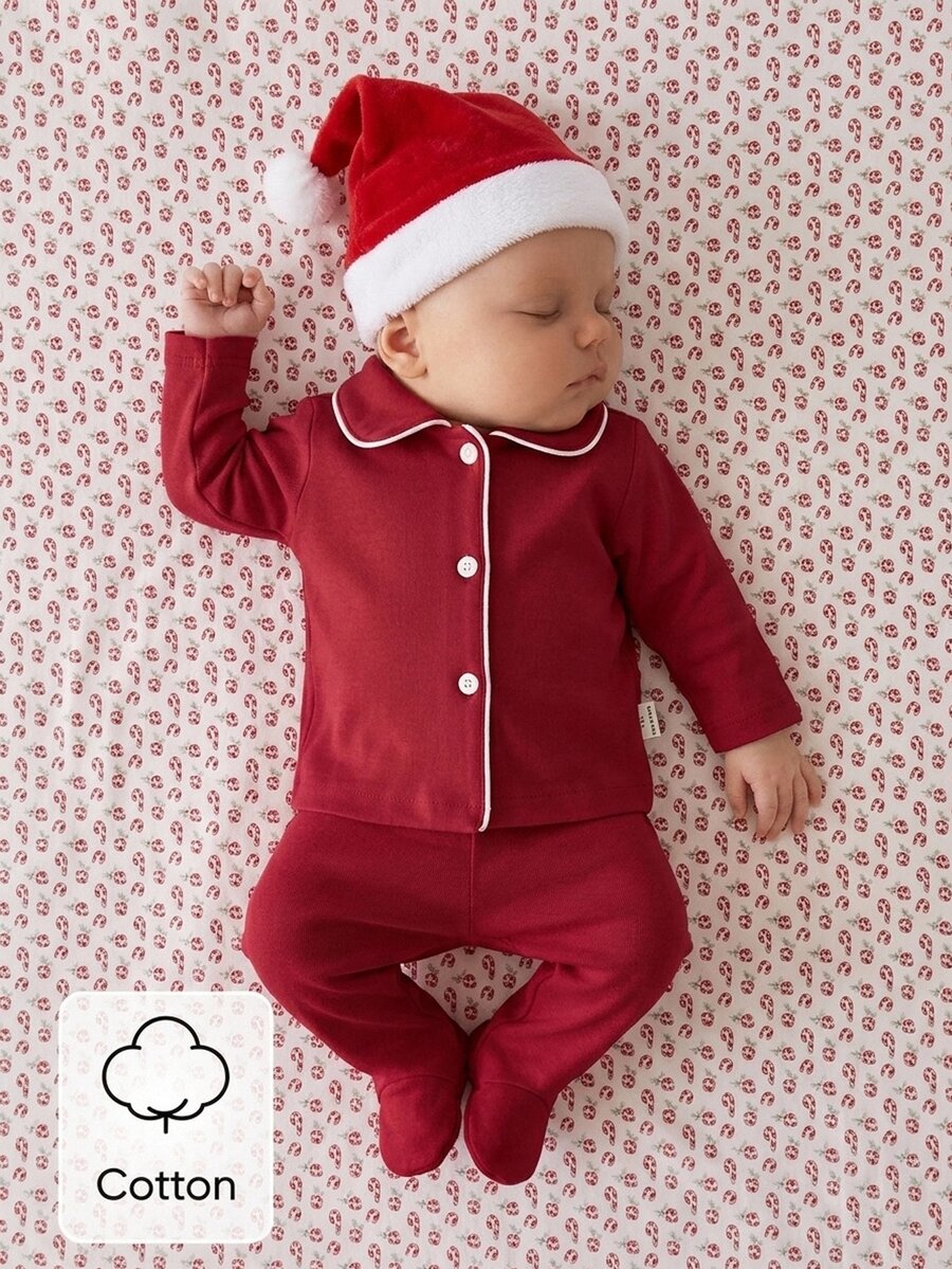 Christmas Spring Autumn Winter Newborn Home Wear Cute Red Peter Pan Collar Cardigan Long Sleeve Top With Footed Pants Set, Soft And Comfortable, Best Gift For Newborns - Red - View 1