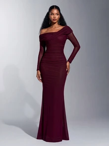 Elitara 2026 New Elegant Angola Red Mesh One Shoulder Ruched Decor Fitted Mermaid Maxi Dress, Suitable For Weddings And All Formal Occasions - Burgundy - View 7