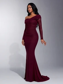 Elitara 2026 New Elegant Angola Red Mesh One Shoulder Ruched Decor Fitted Mermaid Maxi Dress, Suitable For Weddings And All Formal Occasions - Burgundy - View 3