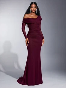 Elitara 2026 New Elegant Angola Red Mesh One Shoulder Ruched Decor Fitted Mermaid Maxi Dress, Suitable For Weddings And All Formal Occasions - Burgundy - View 5