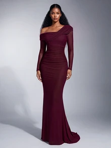 Elitara 2026 New Elegant Angola Red Mesh One Shoulder Ruched Decor Fitted Mermaid Maxi Dress, Suitable For Weddings And All Formal Occasions - Burgundy - View 4