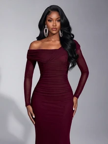 Elitara 2026 New Elegant Angola Red Mesh One Shoulder Ruched Decor Fitted Mermaid Maxi Dress, Suitable For Weddings And All Formal Occasions - Burgundy - View 1