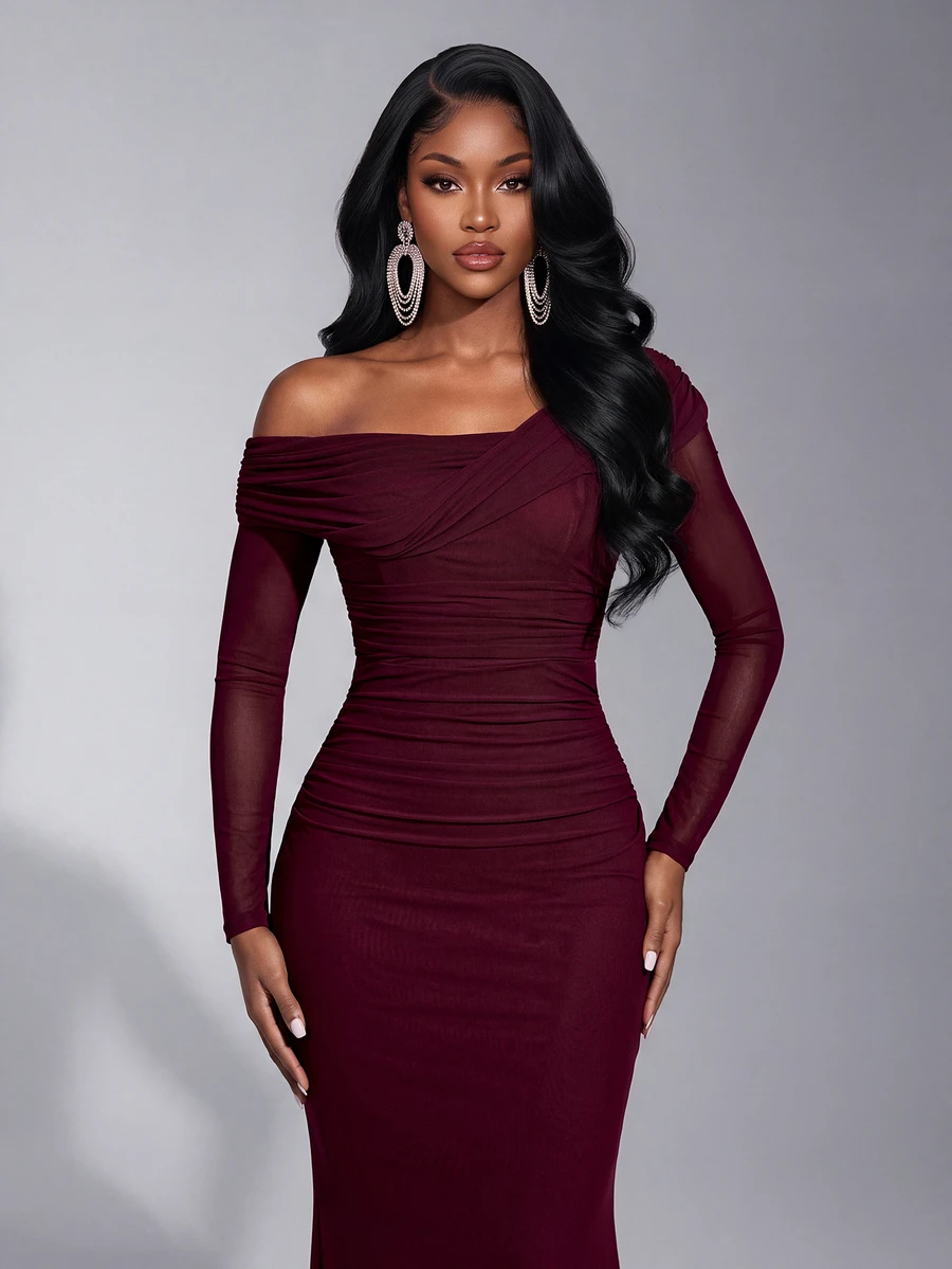 Elitara 2026 New Elegant Angola Red Mesh One Shoulder Ruched Decor Fitted Mermaid Maxi Dress, Suitable For Weddings And All Formal Occasions - Burgundy - View 1