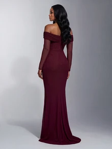 Elitara 2026 New Elegant Angola Red Mesh One Shoulder Ruched Decor Fitted Mermaid Maxi Dress, Suitable For Weddings And All Formal Occasions - Burgundy - View 2