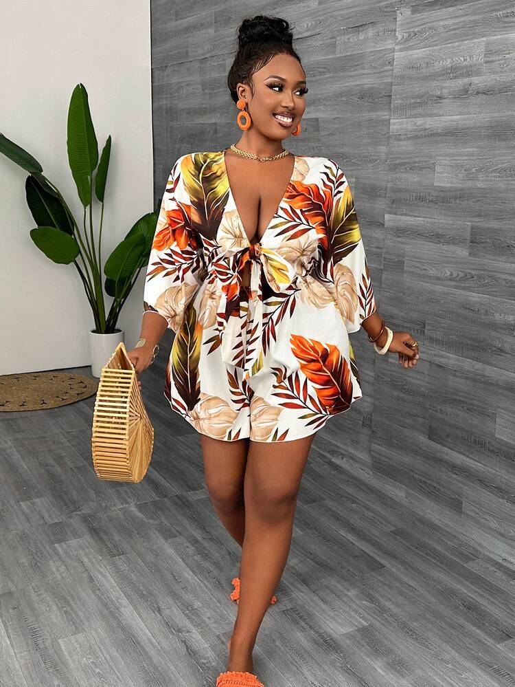 Veslaya Plus Size Holiday Casual V-Neck Loose Printed Jumpsuit With Tie Belt For Women Fall - Multicolor - View 5