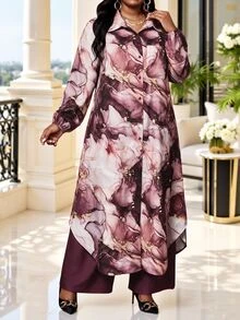 SHEIN Lady Plus Size Marble Print Shirt And Pants 2 Pieces Set - Multicolor - View 5