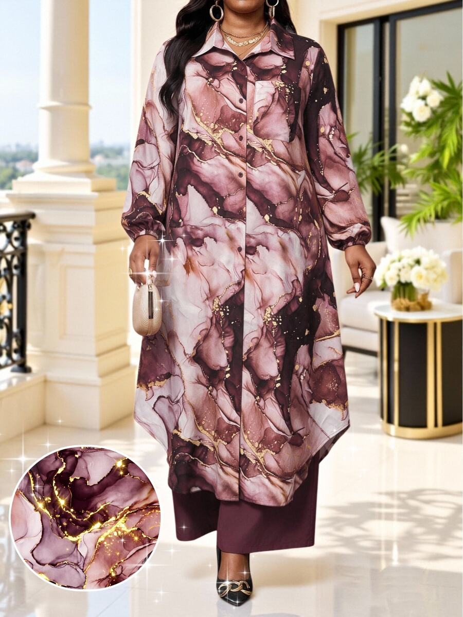 SHEIN Lady Plus Size Marble Print Shirt And Pants 2 Pieces Set - Multicolor - View 1