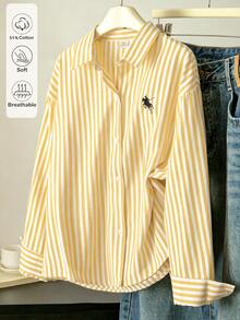 SHEIN Teen Girls Fall Tops Beige Yellow Pinstripe Embroidered Long Sleeve Shirt,Cute,Back To School, Autumn/Winter Outfit, Casual,Stripe - Yellow - View 3