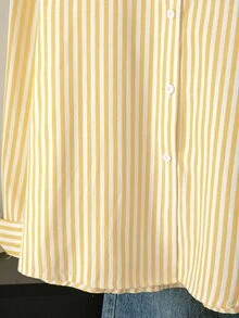 SHEIN Teen Girls Fall Tops Beige Yellow Pinstripe Embroidered Long Sleeve Shirt,Cute,Back To School, Autumn/Winter Outfit, Casual,Stripe - Yellow - View 5