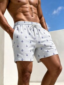 Palasendo Men's Striped Coconut Tree Print Bubble Grid Textured Beach Shorts, Lightweight Comfortable For Beach Vacation And Indoor Wear - Baby Blue - View 5