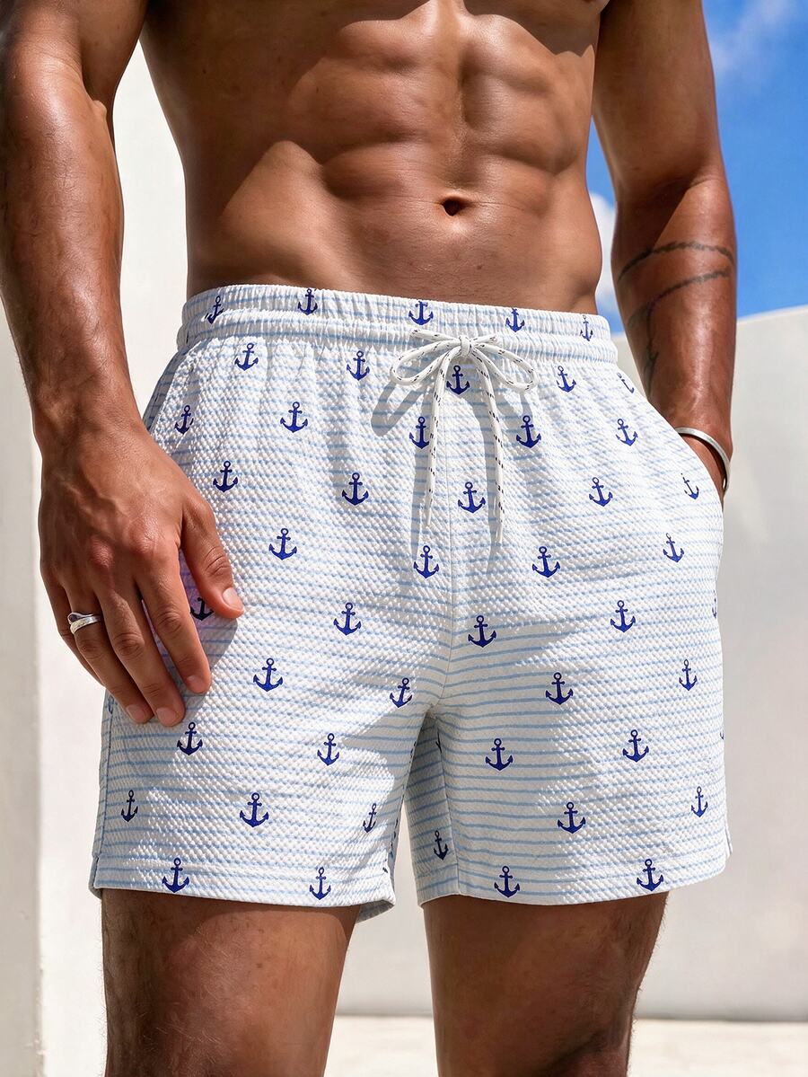 Palasendo Men's Striped Coconut Tree Print Bubble Grid Textured Beach Shorts, Lightweight Comfortable For Beach Vacation And Indoor Wear - Baby Blue - View 1