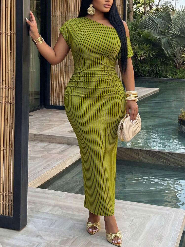 Veslaya Summer New Elegant Sexy Party Vacation Daily Olive Green Cold Shoulder Front Pleated Slim Long Dress, Wavy Texture Knitted Fabric - Green - View 7