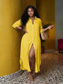 Veslaya Plus Size Elegant Casual Summer/Autumn Yellow Shirt Style Dress With Button Front-Z Fall - Yellow - View 2