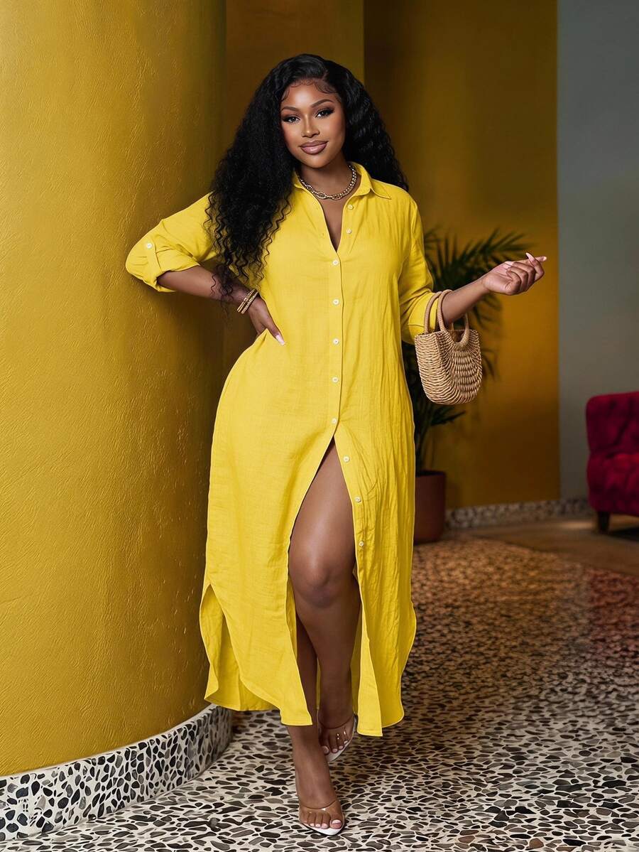 Veslaya Plus Size Elegant Casual Summer/Autumn Yellow Shirt Style Dress With Button Front-Z Fall