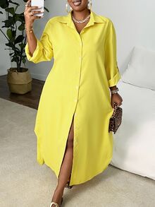 Veslaya Plus Size Elegant Casual Summer/Autumn Yellow Shirt Style Dress With Button Front-Z Fall - Yellow - View 4
