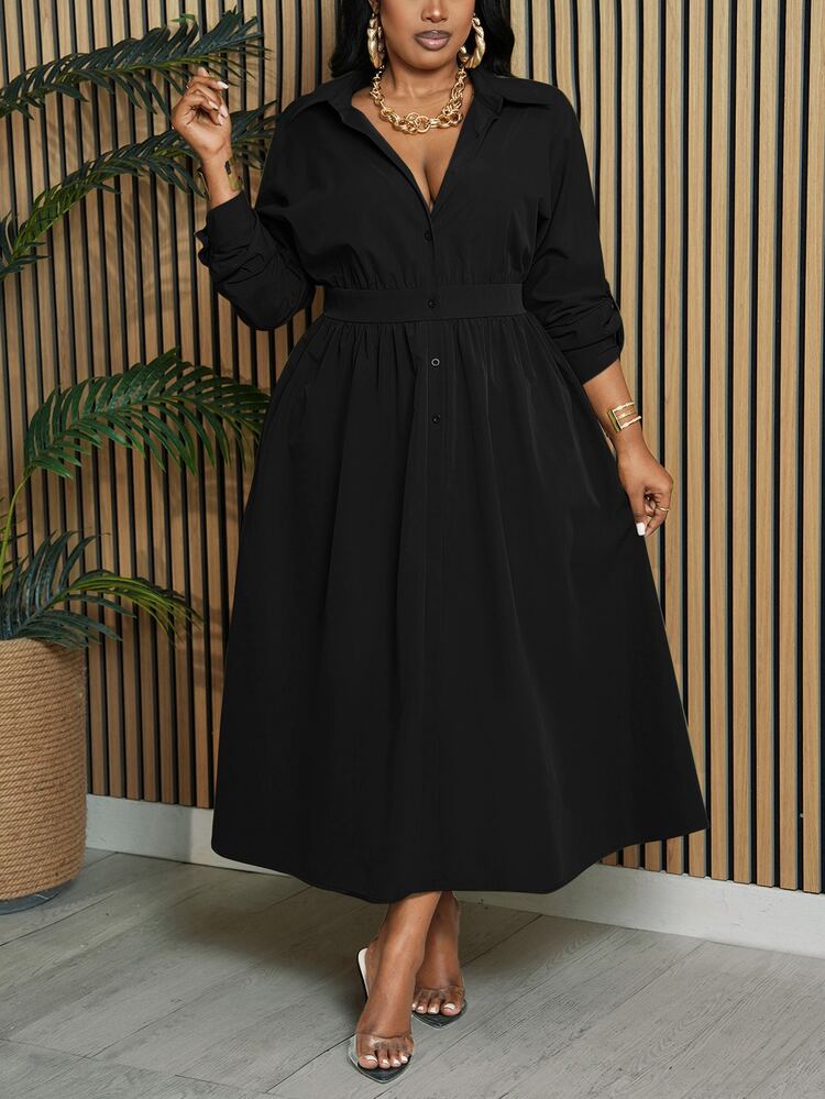 Slaydiva Women Plus Size Solid Color Long Sleeve Cinched Waist Long Shirt Casual Dress, Autumn Fall - Black - View 3