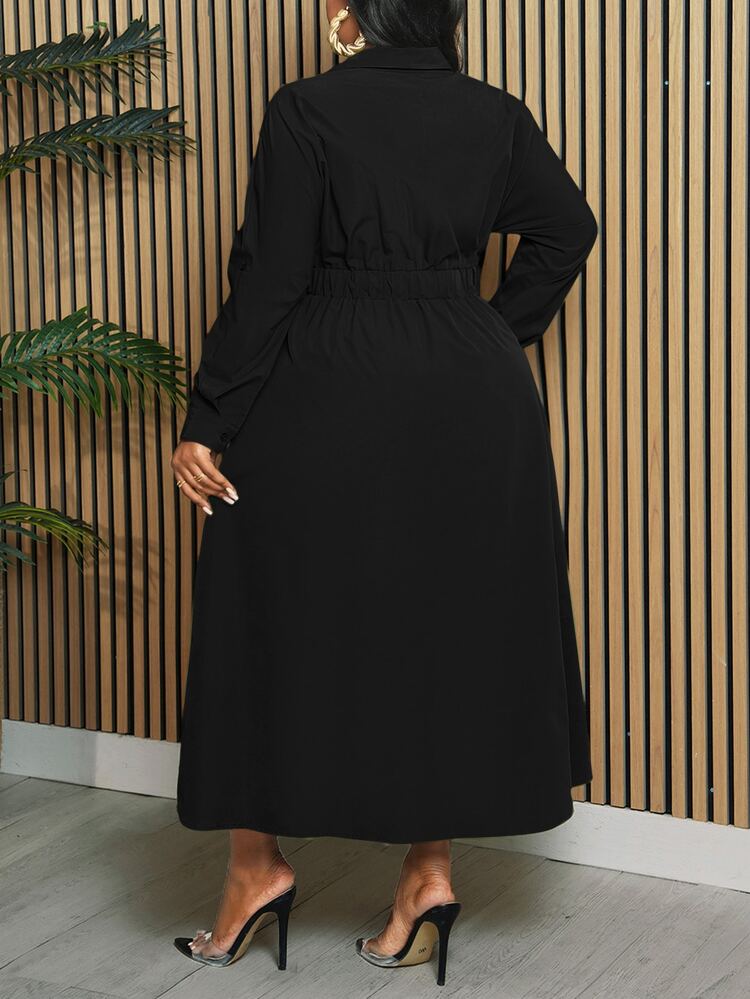 Slaydiva Women Plus Size Solid Color Long Sleeve Cinched Waist Long Shirt Casual Dress, Autumn Fall - Black - View 2